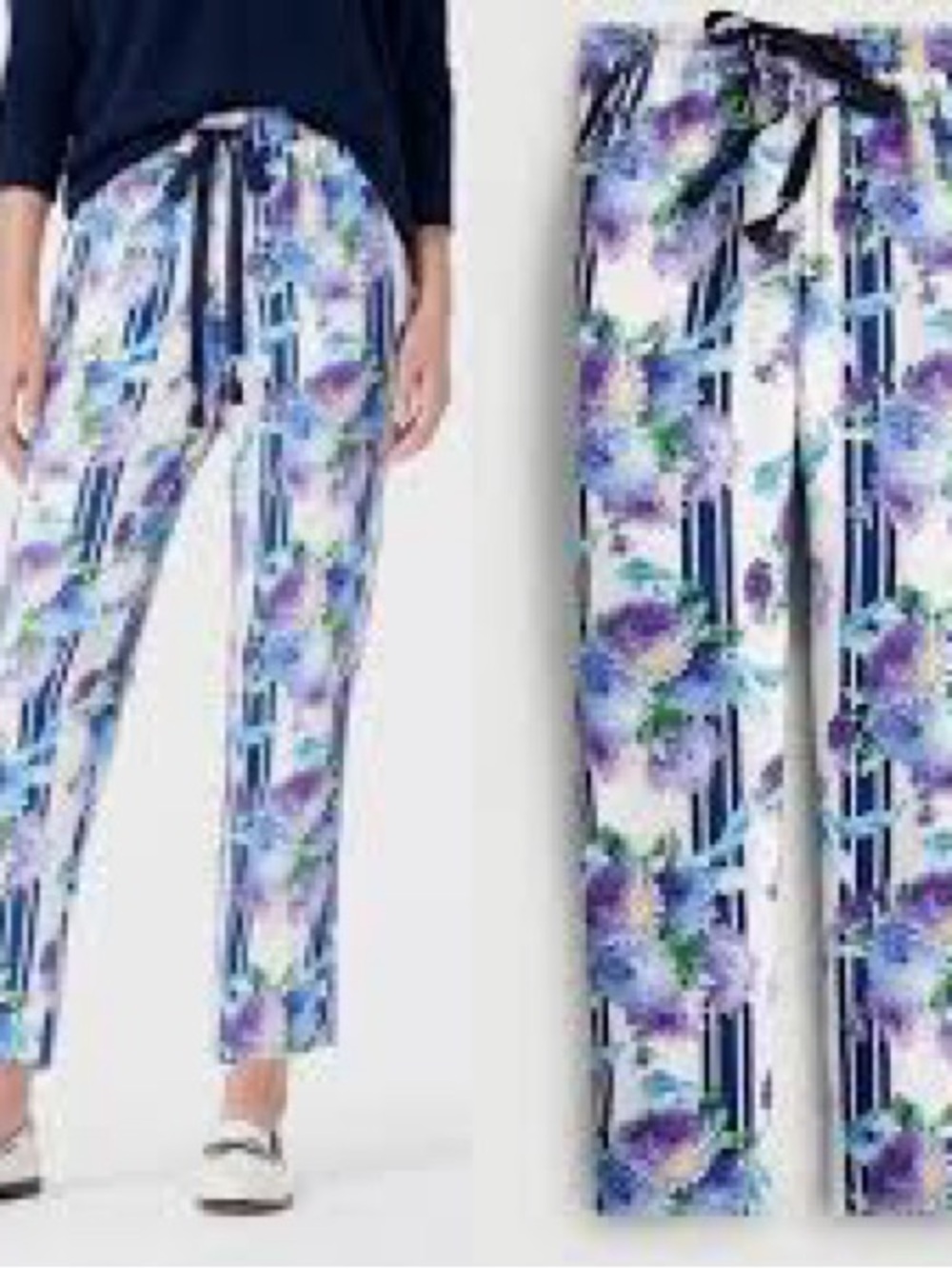 Floral Stripe Drawstring Straight-Leg Pants - Blue/Purple